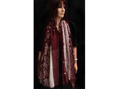 Wollen sjaal of stola, patchwork fantasie, bordeaux en offwhite