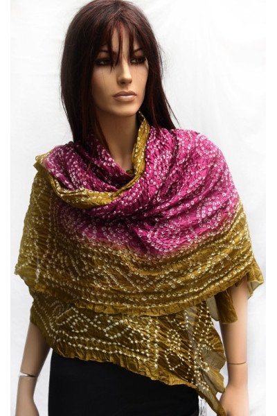 Zijden sjaal of stola, tie and dye, legergroen en fuchsia