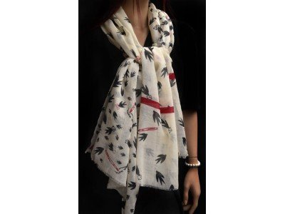 Wollen sjaal, vogels, offwhite, zwart en rood