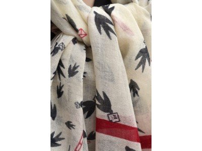 Wollen sjaal, vogels, offwhite, zwart en rood