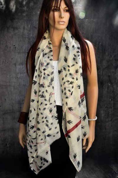 Wollen sjaal, vogels, offwhite, zwart en rood