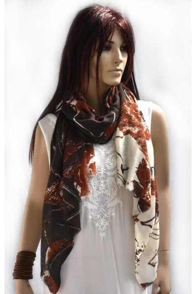 Wollen sjaal of stola, bruin en offwhite, bloemen