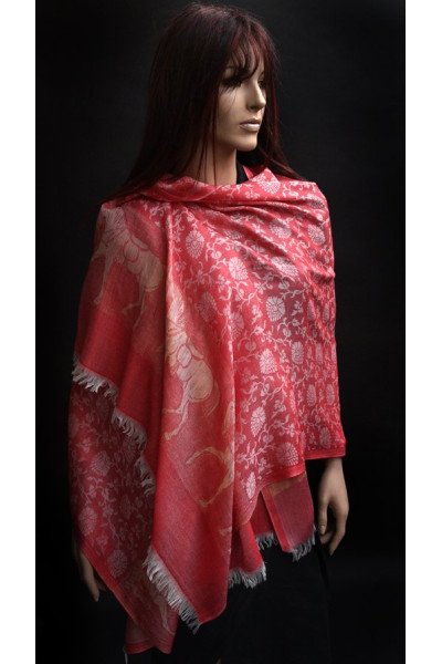 Rood chique sjaaltje of stola met gouden paarden, zijde en pashmina