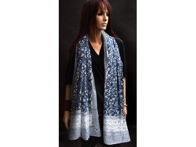 Katoenen sjaal of pareo, blauw wit, originele blockprint