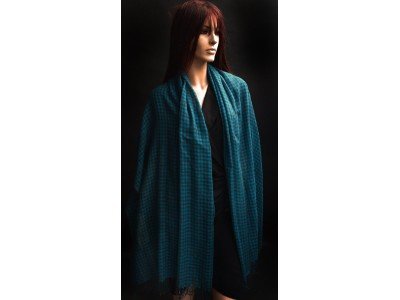 Wollen sjaal, grijs en turquoise ruitjes