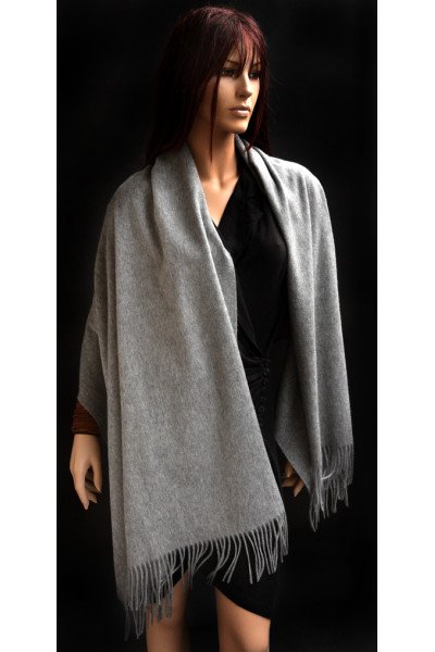 Echte dikke wollen cashmere sjaal met franjes, grijs, uniseks