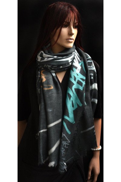Wollen sjaal of stola, graffity print, grijs, mint, zalm, paars, bruin