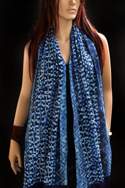 Katoenen sjaal, blauw, turquoise, suedine franjes