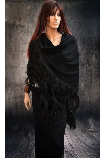 Elegante wollen sjaal of omslagdoek, zwart, driehoek dubbel, suede franjes