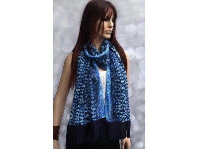 Katoenen sjaal, blauw, turquoise, suedine franjes