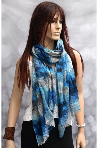 Sjaaltje van katoen met zijde, blauw, wit, grijs