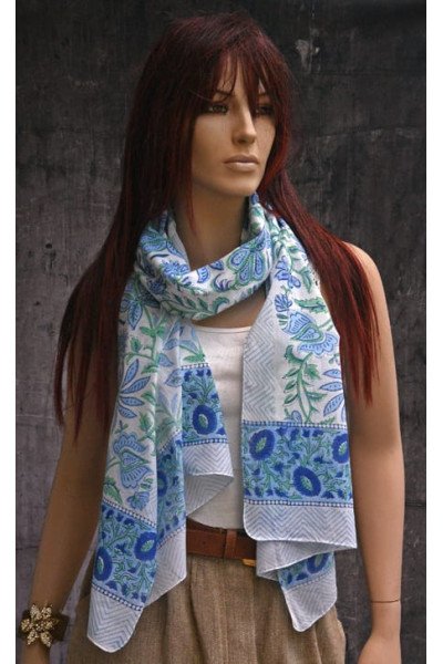 Katoenen blockprintsjaaltje, blauw, groen en wit