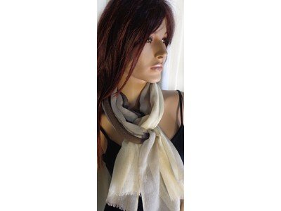 Wollen sjaal, bollen, taupe, offwhite